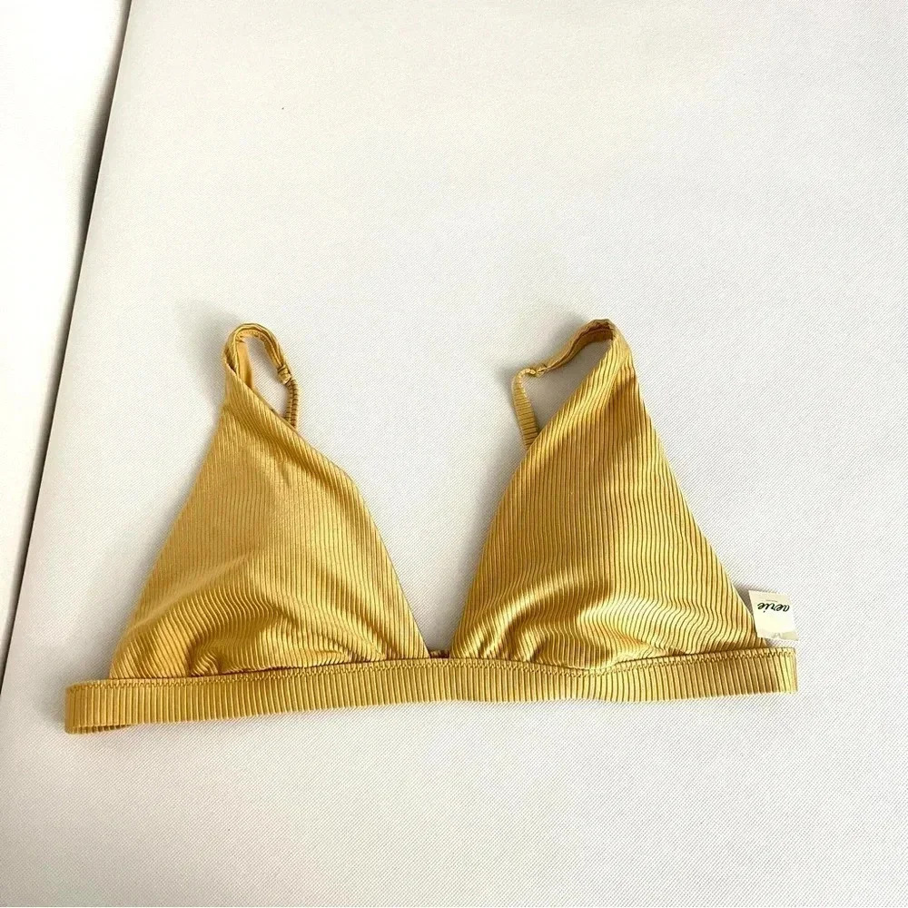 Aerie Triangle Ribbed Shine Plunge Bikini Top Size XL Yellow Gold